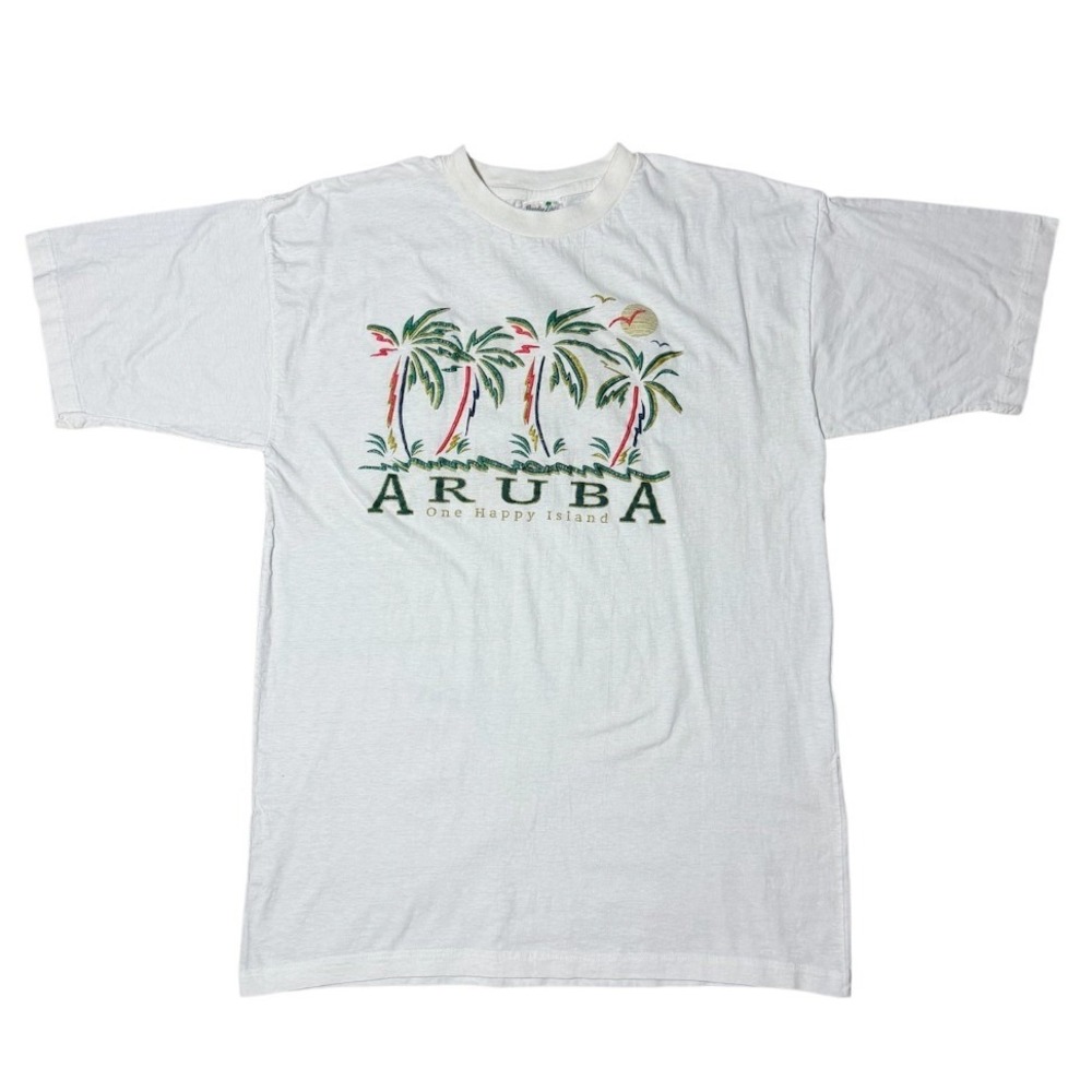 Vintage 90s Aruba One Happy Island Beach Ocean Palm Tree Art Souvenir T-shirt
